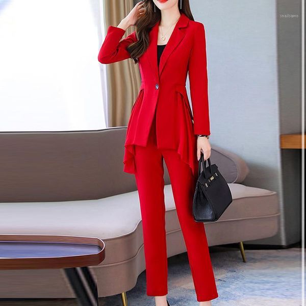 

work pant suits ol 2 piece set for women business interview suit uniform irregular blazer and pencil office lady women's two pants, White