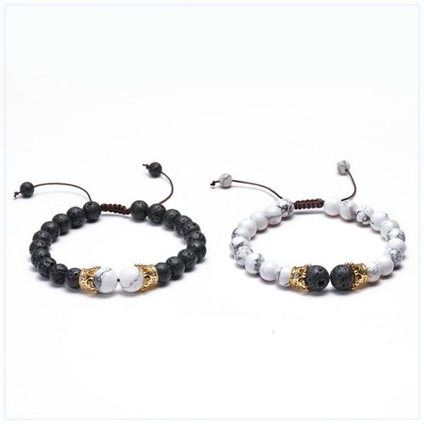 

charm bracelets 8mm volcanic stone white couple copper micro-set zircon crown bracelet men and women essential oil, Golden;silver