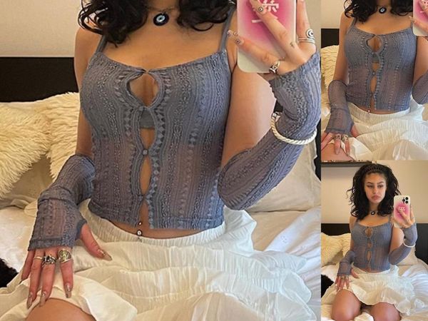 

women's t-shirt summer ladies hollow camisole,girls creative front button jacquard weave slim midriff-baring + oversleeve set, White