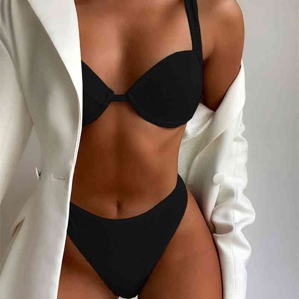 

high cut bikini push up swimsuit female swimwear women summer solid set with bra cup bather bathing suit swim lady 210629, White;black