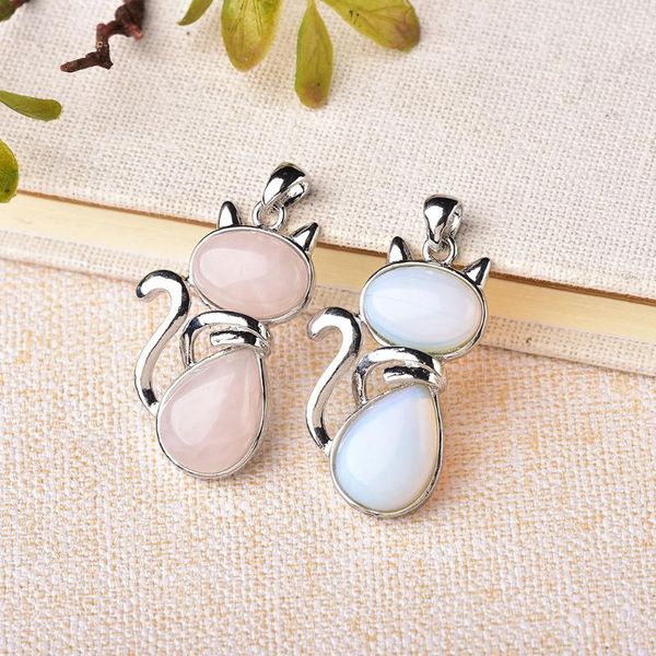 

decorative objects & figurines 1pc reiki natural stone crystal necklaces pink quartz pendants for women girl cute cat shape jewelry fashion