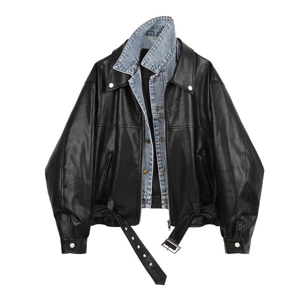 

women's leather & faux denim pu jacket streetwear spliced women autumn 2021 lapel zipper long sleeve black coat female fake two top