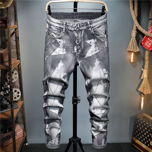 

jeans men's spring dark flower slim straight tube nostalgic beggar pants, Blue