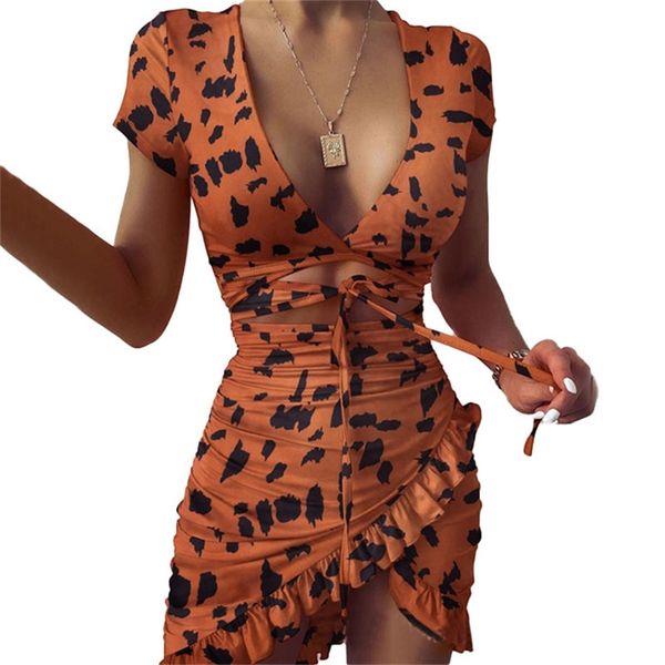 

summer print dress women hollow out bandage short sleeves high waist v-neck irregular dresses female lr1258 210531, Black;gray