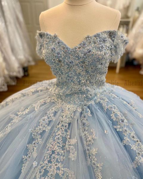 Light Sky Blue Vestidos De XV A￱os 2022 Abiti Quinceanera Applique in pizzo Sweet 15 Ragazze messicane Brithday Wear