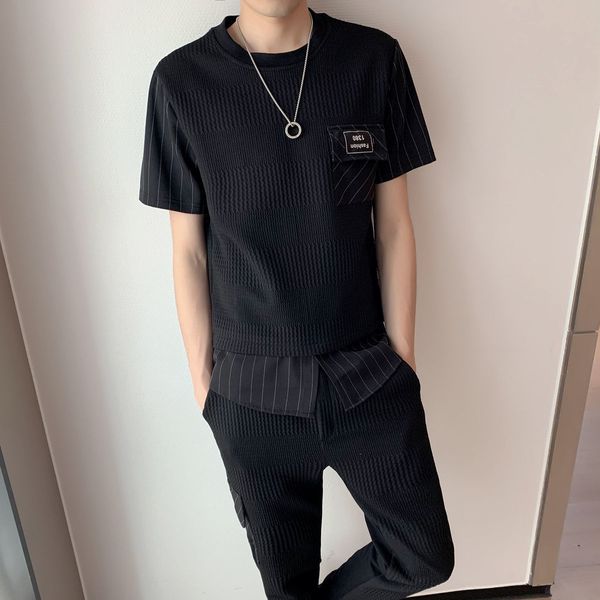 

new men's stripe splicing round neck t-shirt two piece set casual sports 2021 spring tracksuit for men black jogginganzug herren xdf5, Gray