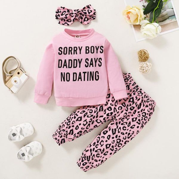 

spring outfit for toddler girl solid pink long sleeve funny letters t-shirt and leopard printed pants headband kids girl clothes, White
