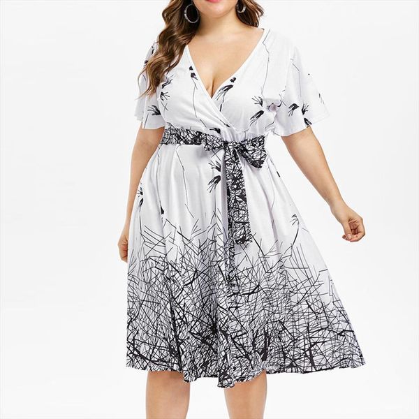 

38 fashion large women dresses size v neck bow bandage short sleeve print a line, Black;gray