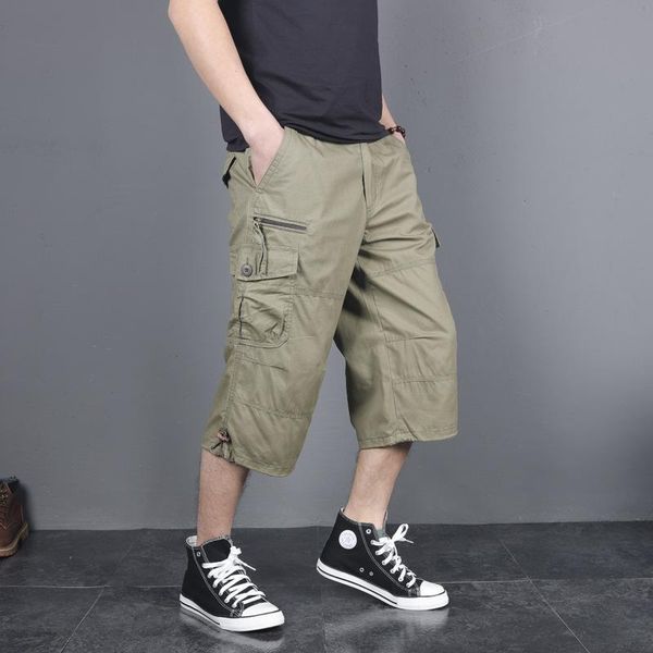 

plus size summer men's baggy multi-pockets zipper cargo shorts breeches male army green men fitnesstactical shorts, White;black