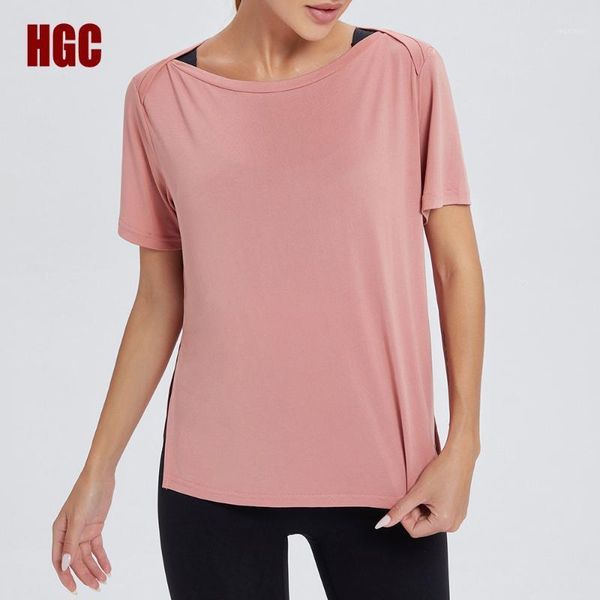 

yoga outfit short sleeve blouse sports t-shirt women loose leisure elastic running gym clothing workout fitness versatile hgc