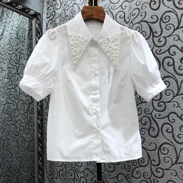 

women's blouses & shirts white short-sleeved shirt for women 2021 summer korean style loose western design puff sleeve heavy industry b