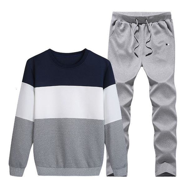 

winter round neck long-sleeved sweater fashion stitching lace-up casual sports men's clothes suit 2021#g30, Gray