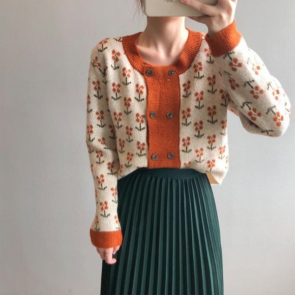 

double-breasted jacquard knit cardigan 2021 autumn/winter new korean version temperatures-contrast sweater woman, Black;white