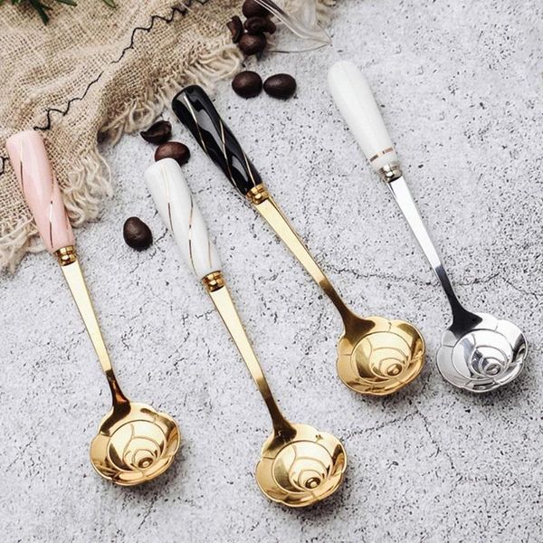 

spoons steel flower spoon ceramic handle kitchen tableware coffee dessert stirring mixing creative rose gold tea w4q3