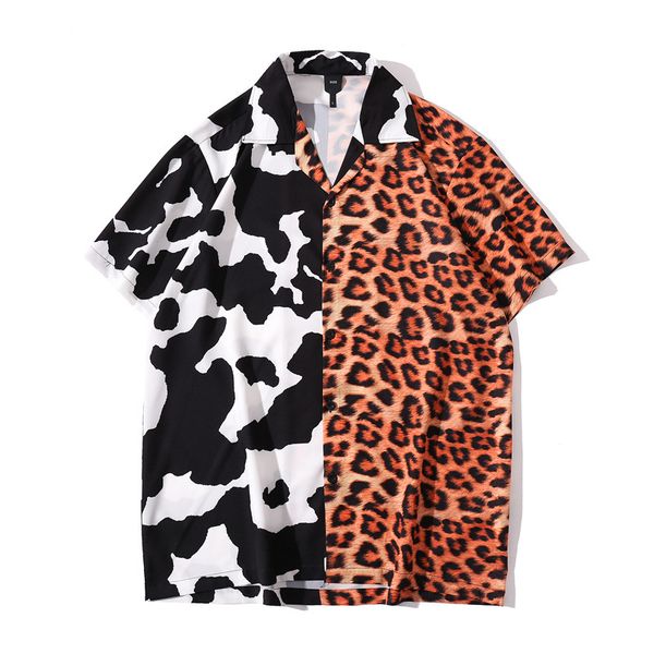 

men's leopard patchwork hawaiian beach shirts 2021 summer korean style vintage print oversized short sleeve shirt man afn1, White;black