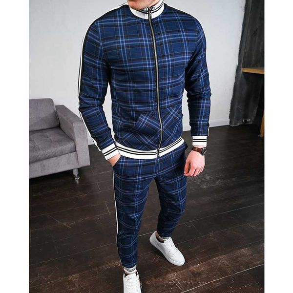 

men's tracksuits men 3d colorful plaid sports zipper tracksuit set male sweatshirt running jackets+trousers suit mens sets, Gray