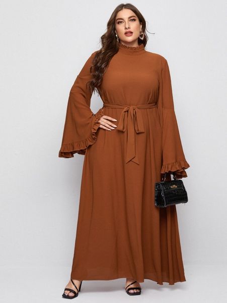 

plus ruffle trim belted maxi dress g3dx#, Black