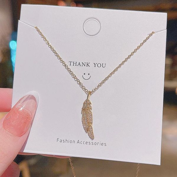 

chains 2021 japanese and korean feather design finely inlaid pendant titanium steel necklace female ins temperament clavicle chain, Silver
