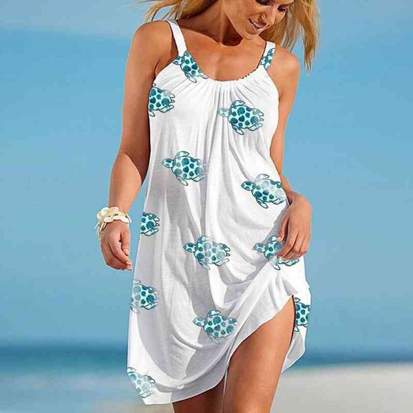 

4 turtle print dresses womens summer sundresses sleeveless cute cartoon print hem loose beach dress, Black;gray