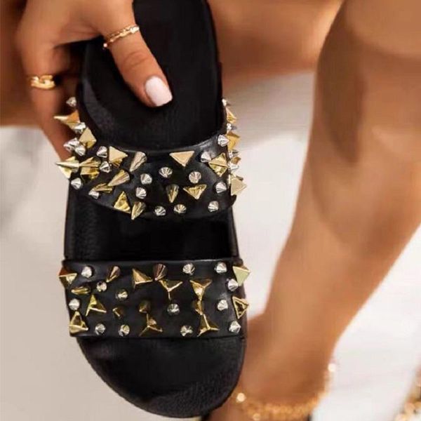 

slippers women black giant studded sandals gold studs slides sliver beach shoes white vacation flats mules large size wholesale