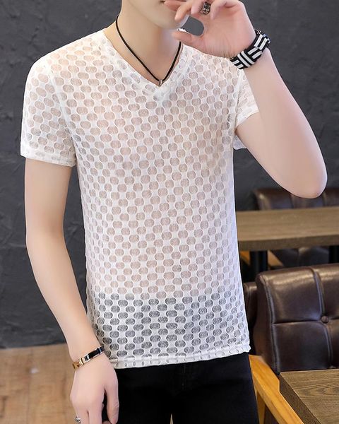 

men's t-shirts 2021 summer v neck mesh hollow out transparent short sleeve t shirt casual fitness party m-3xl, White;black