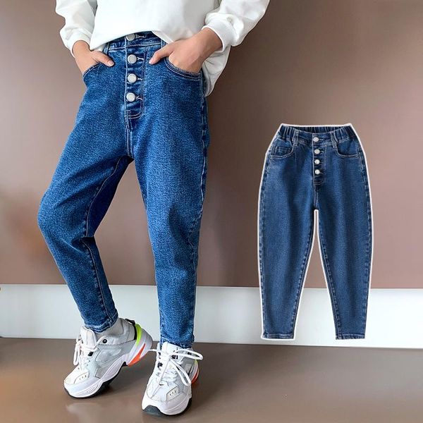 

jeans 2021 fashion kids girls blue pants long trousers stretchy waist pockets buttons children big size 10/12