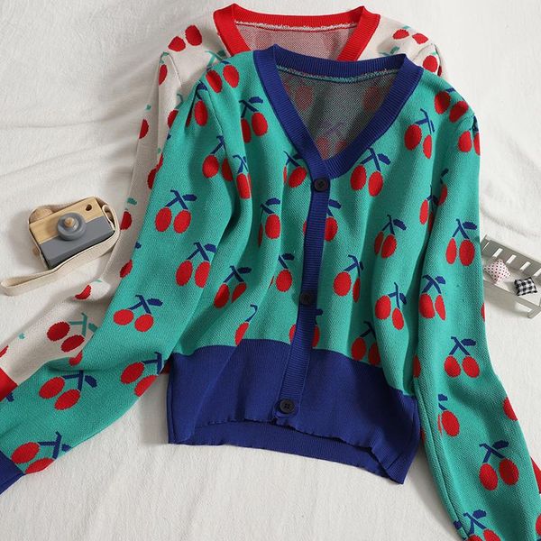 

women's knits & tees vintage jacquard cherry color-blocking knitted sweater female cardigan 2021 autumn breasted korean coat women, White