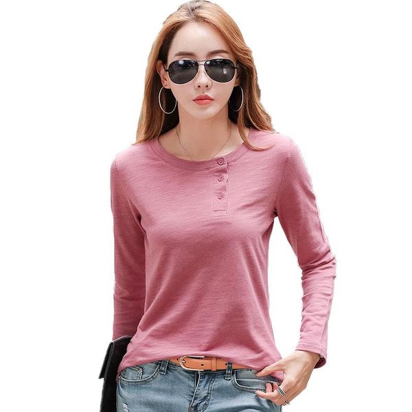 

women's t-shirt volocean 2021 autumn cotton woman t shirt t-shirts for women button female winter solid o-neck tee, White
