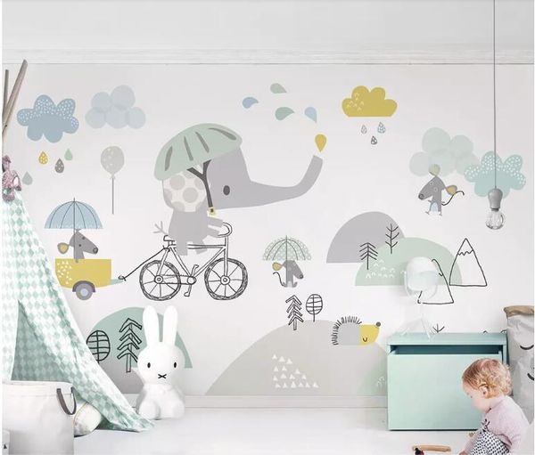 

wallpapers cjsir customized kindergarten decoration 3d wallpaper cute cartoon elephant riding bicycle cloud children's wall decor