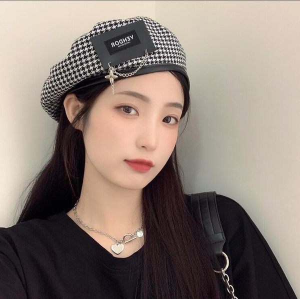 

nice a+ ghost horse girl pulls cool metal patch black white plaid berets haps caps dmlm048a fashion japanese retro trendy painter beret, Blue;gray