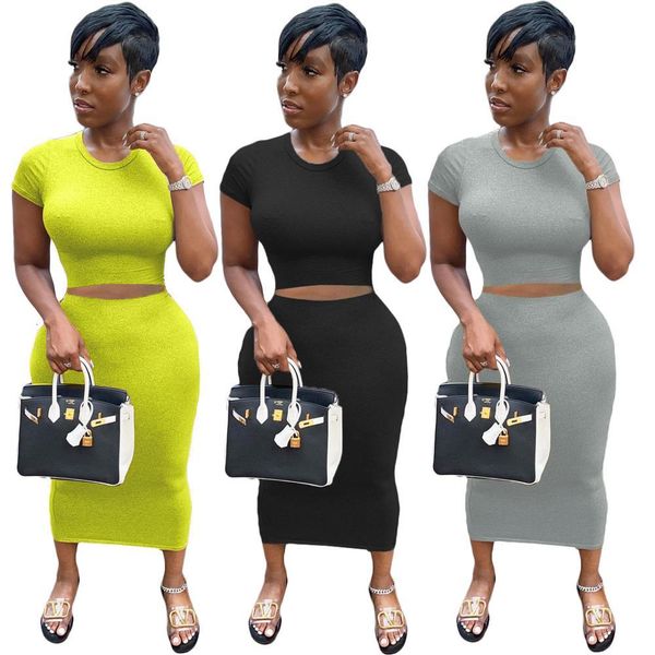 

2021 new solid color crop short sleeves t-shirt & package hip skirt women suits european and american casual two-piece set 4u7y, Black;gray