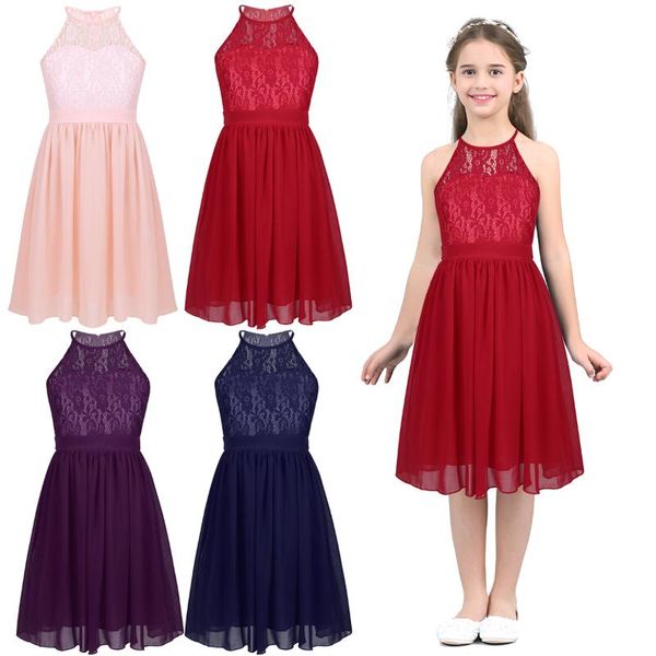 

children kids girls halter neck lace chiffon flower girls dress princess wedding bridesmaid birthday party summer dress, Red;yellow