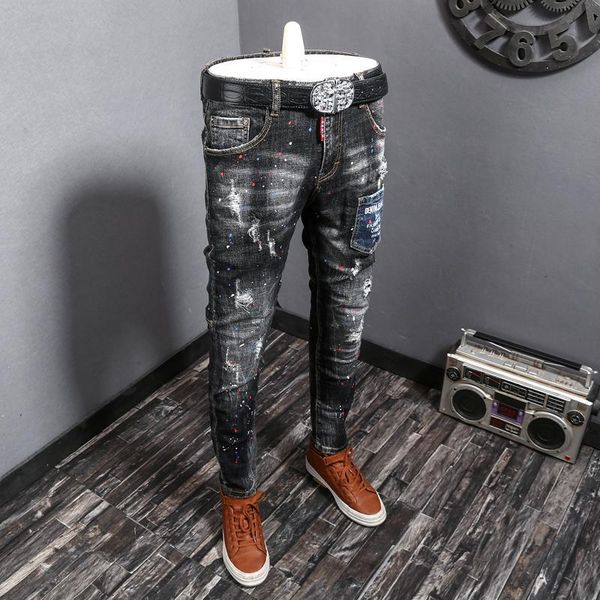 

jeans jeans fashion elastic retro men gray pants slim fit ripped streetwear designer painted hip hop denim long american hombre undph, Black