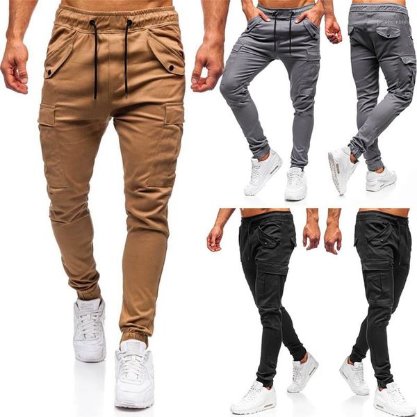 

mulit pockets panelled drawstring mens pants casual males sport style clothing solid color mens designer pants fashion, Black