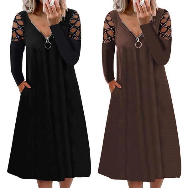 

casual dresses 2021 autumn woman v-neck zipper long sleeves rhinestone dress solid color maxi for party daily plus size -3xl, Black;gray