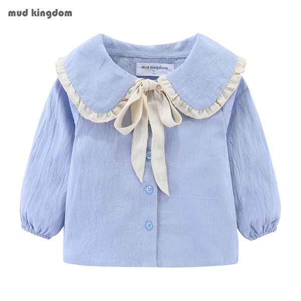 Mudkingdom Baby Tops Baumwolle Langarm Rüschen Umlegekragen Design Süße Kleinkind Baby Mädchen Tops Mädchen Bluse mit Schleife 210306