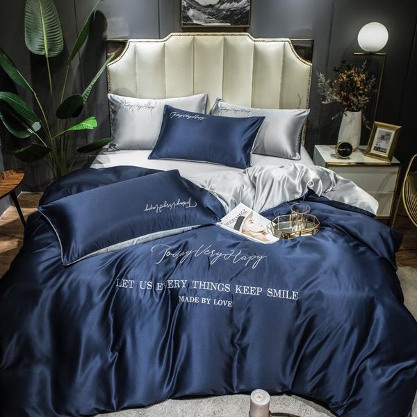 

luxury wash silk bedding set double-sided high-end 60 tencel solid color embroidery sheet quilt cover home 4pcs king  size