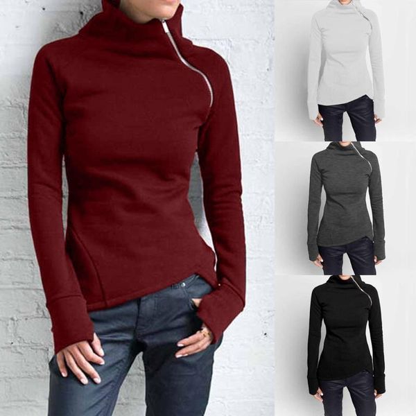 

women casual solid long sleeve pullover turtleneck zipper sweatshirt 1, Black