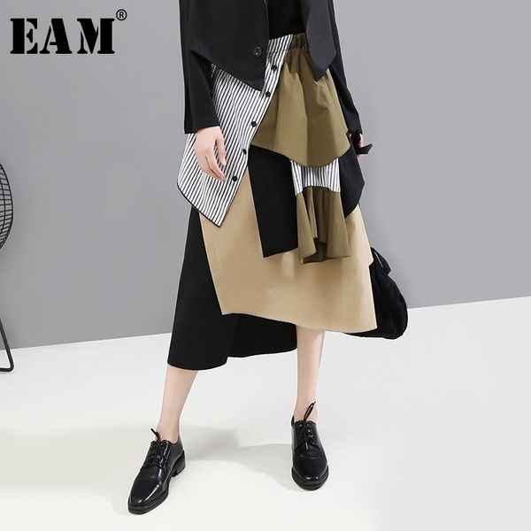 

[eam] high elastic waist spliced hit color asymmetric striped half-body skirt women fashion tide new spring autumn 2021 1a888 210309, Black