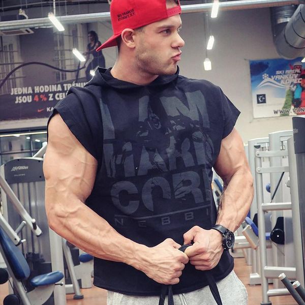 

men's hoodies & sweatshirts fitness bodybuilding half sleeve short solid color fashion letter cotton hooded sweatshirt hoodie men casua, Black