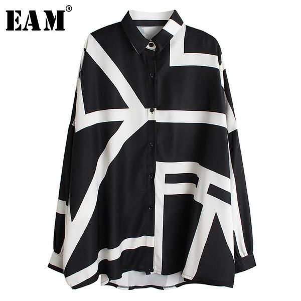 

women's blouses & shirts [eam] women white pattern print split big size blouse lapel long sleeve loose fit shirt fashion spring autumn