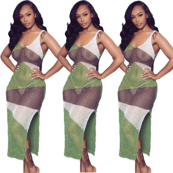 

fishnet mesh see through sleeveless high split maxi dress summer clothes color clock print beach cover up d11-ab3, Black;gray