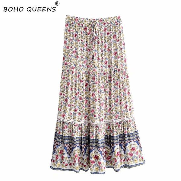 

skirts vintage chic fashion hippie women floral print beach bohemian pleated skirt high elastic waist a-line boho maxi femme, Black