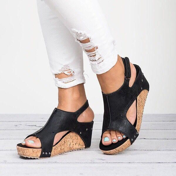 

sandals women summer 2021 platform wedges shoes for heels sandalias mujer leather wedge female, Black