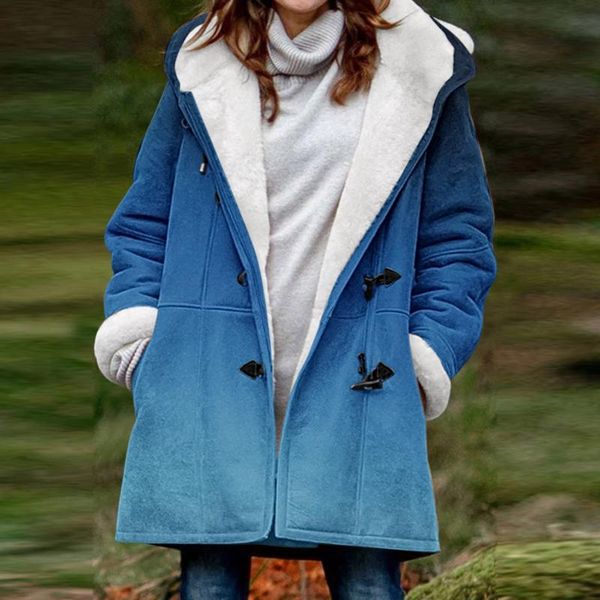 

women's jackets horn button jacket duffle coat autumn winter plus size for women gradient parka slim fit hooded thick cotton warm, Black;brown