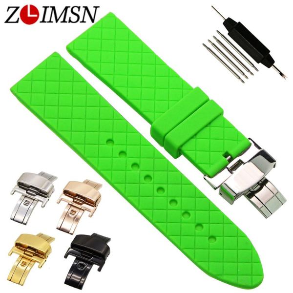 

watch bands zlimsn sport rubber silicone watchbands stainless steel deployment clasp strap band red green white 24mm g8, Black;brown
