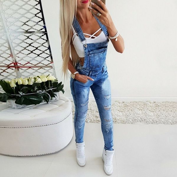 

new tail elastic power broken gat jeans jumpsuit long fashion women's broek overalls high street ladies jumpsu, Blue
