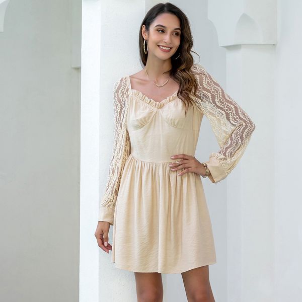 

women casual solid color lace stitching lady temperamental sweet dress, Black;gray