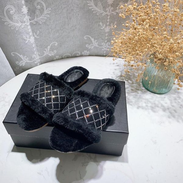 

arrival 2021 autumn and winter slip on short plush flat women shoes comfortable crystal causal slippers1, Black