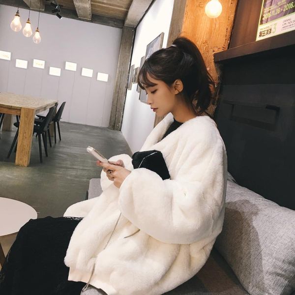

women's fur & faux 2021 thick warm mid-length v-neck loose coat women korean reversible plush female jacket winter jackets, Black